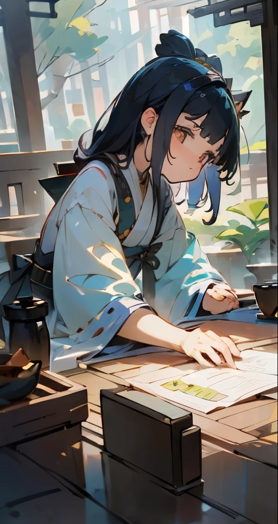 Cute female merchant selling magical items in a busy market,fantasic world,wearing robe,many goods display,masterpiece,soft line,cute face,(extremely delicate and beautiful work), ((masuter piece)), (Best Quality) 