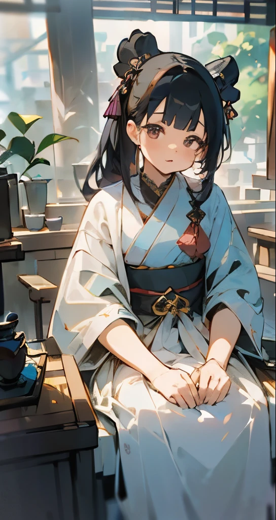 Cute female merchant selling magical items in a busy market,fantasic world,wearing robe,many goods display,masterpiece,soft line,cute face,(extremely delicate and beautiful work), ((masuter piece)), (Best Quality) 