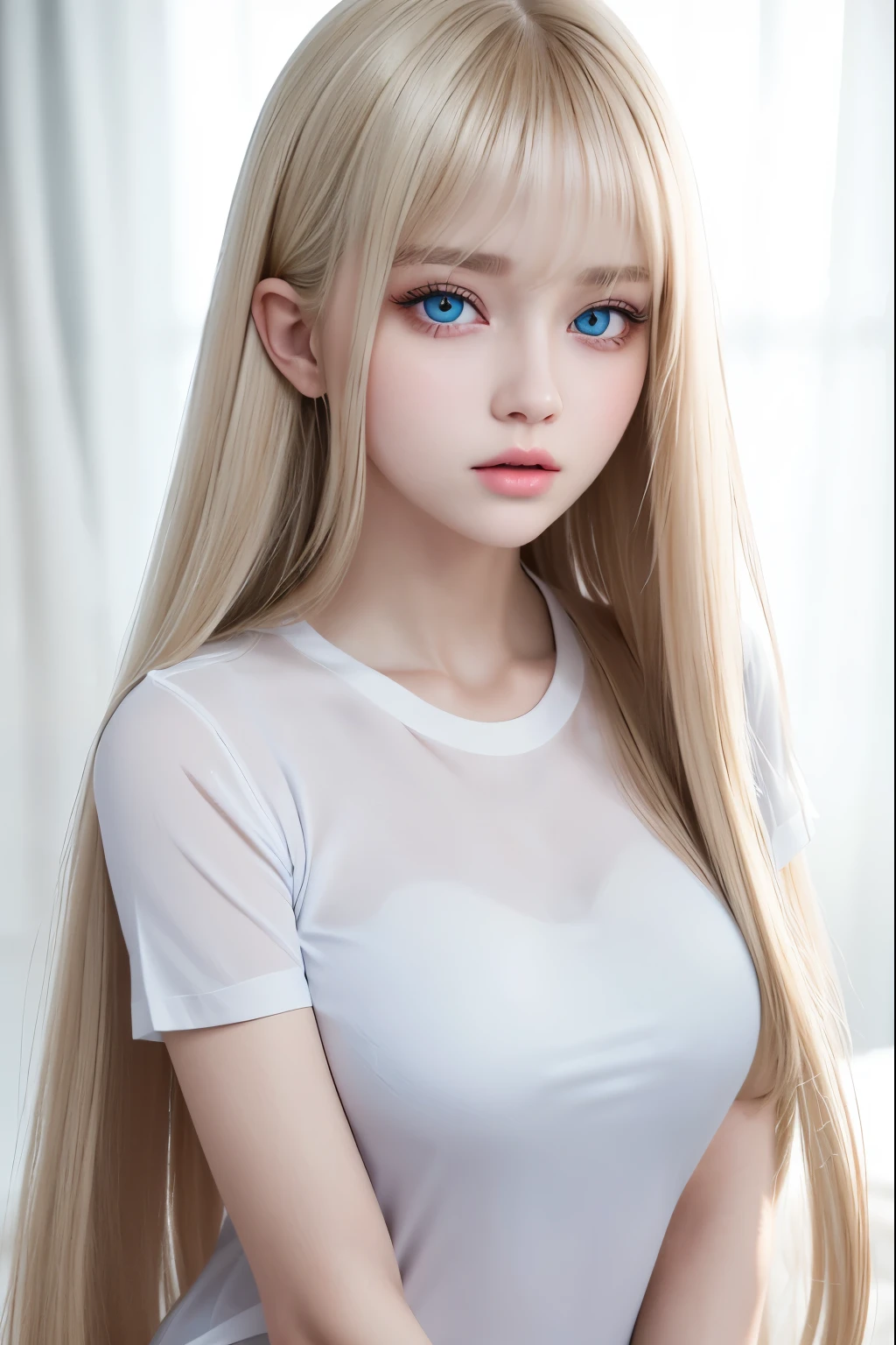 Unparalleled beauty, shiny shiny firm and shiny skin, bangs between eyes, shiny straight beautiful platinum blonde, super long straight silky hair, eyeliner, sexy beautiful innocent 14 years old, high definition big big beautiful bright blue eyes, beautiful and lovely girl, baby face, short sleeve shirt