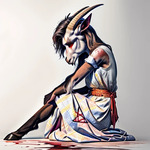 Side view of a hellish goat dressed in a pretty girl's dress, anthropomorphic -goat, full body render, goat girl with a lush horns,  ((pentagram on a forehead)), sad, blood from the eyes, head down, flowers in her hand, devilish goat, Satan's goat