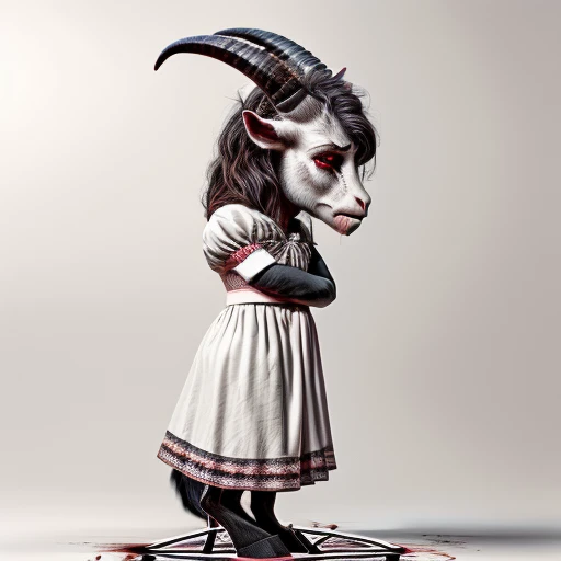 Side view of a hellish goat dressed in a pretty girl's dress, anthropomorphic -goat, full body render, goat girl with a lush horns, ((pentagram on a forehead)), sad, blood from the eyes, head down, flowers in her hand, devilish goat, Satan's goat