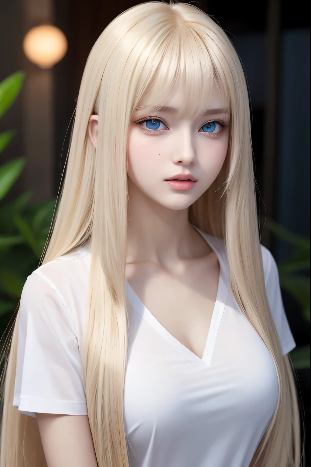 Unparalleled beauty, shiny shiny firm and shiny skin, bangs between eyes, shiny straight beautiful platinum blonde, super long straight silky hair, eyeliner, sexy beautiful innocent , high definition big big beautiful bright blue eyes, beautiful and lovely girl, baby face, sve shirt