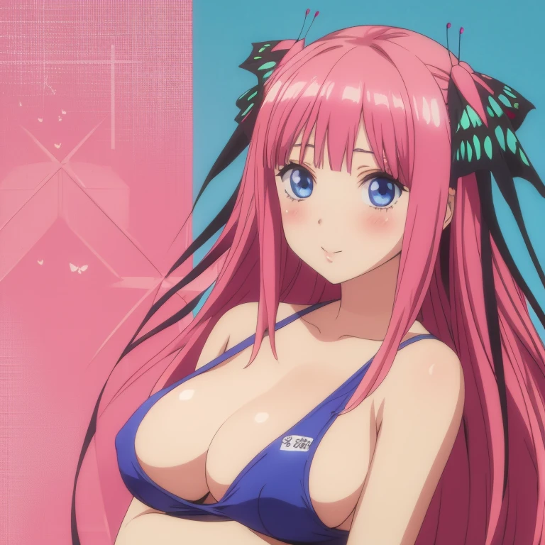 masterpiece, best quality, ultra detailed, best illustration, nsfw, 1girl, one-piece swimsuit, nakano nino, pink hair, butterfly hair ornament, blue eyes