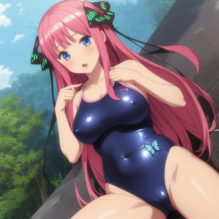 masterpiece, best quality, ultra detailed, best illustration, nsfw, 1girl, one-piece swimsuit, nakano nino, pink hair, butterfly hair ornament, blue eyes