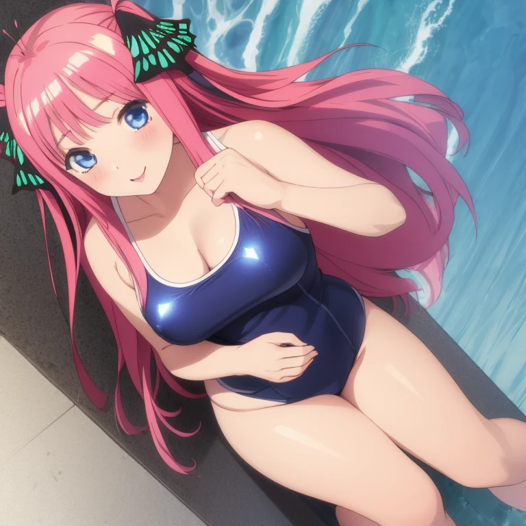 masterpiece, best quality, ultra detailed, best illustration, nsfw, 1girl, one-piece swimsuit, nakano nino, pink hair, butterfly hair ornament, blue eyes