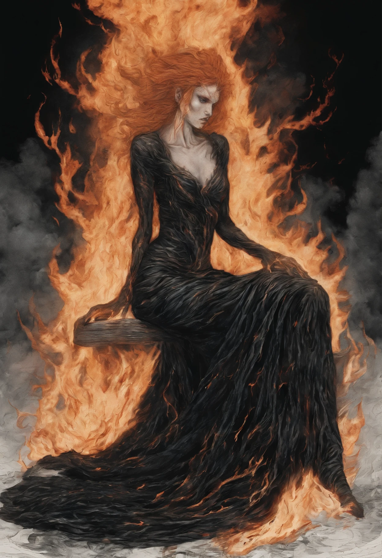 woman in a black dress sits on the ground covered in fire, flames surround her, engulfed in swirling flames, Goddess of Fire, fantasy art behance, enveloped in flames, her hair is made out of fire, she has fire powers, A dress made of fire, Dark Phoenix, appears as the goddess of fire, Surrounded by fire, her body made of flames