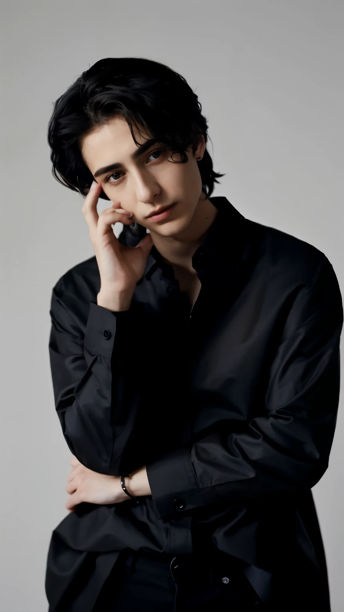 arafed man in black shirt talking on cell phone while standing, portrait of timothee chalamet, androgynous male, beautiful androgynous prince, official jil sander editorial, androgynous person, delicate androgynous prince, by Tadashi Nakayama, timothee chalamet, official vuitton editorial, hiro, official valentino editorial