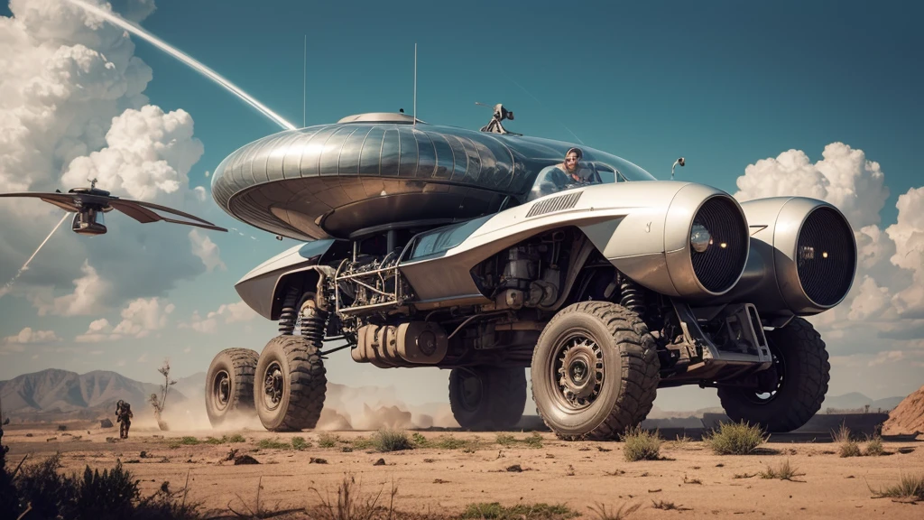Movie scene where they fight aliens by shooting laser guns、retro color work、Raw photo,Best Quality, master piece,high resolution,detailed,(Photorealsitic:1.4),Well-defined contours,1950retrofuturism、1950s retro science fiction movies、50&#39;s retro-futuristic fabric fashion clothing,Retro-futuristic machines from the 50s、sunlight,realistic shadow,realistic wilderness background,cinematic lighting,The War of the Worlds、Buck Rogers、Flesh Gordon、BARBARELLA、Forbidden Planet、Lost in Space