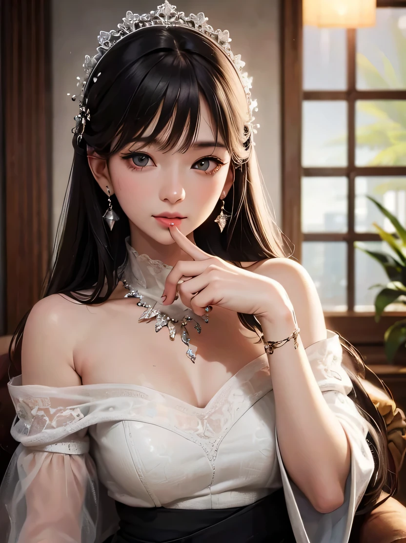 Exposed breasts, off-the-shoulder, black dress, black hair, lying on the ground, best quality, masterpiece, high resolution, 1girl, porcelain dress, hair accessories, necklace, jewelry, pretty face, physically, tyndall effect, realistic, shadow studio, edge lighting, two-tone lighting, (high detail skin: 1.2), 8k UHD, dslr, soft light, high quality, volumetric light, sneak peek, photo, high resolution, 4k, 8k, background blur,