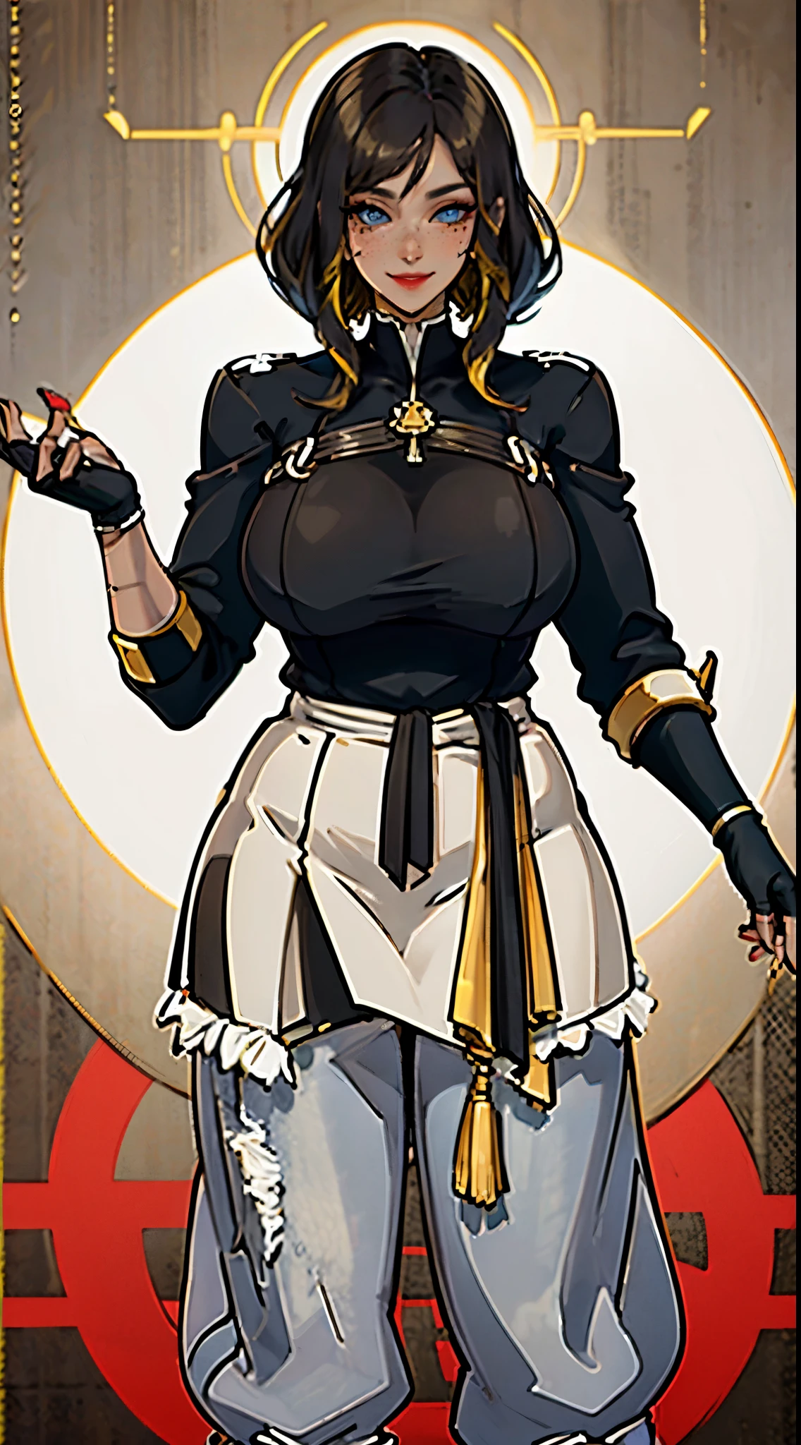 Sexy hermaphrodite, plump pursed lips, freckles, long curly black and yellow hair with bangs, crystal blue eyes with smoky eye shadow and black eyeliner, black semi-matte lipstick, dark skin, flirty smug smile, large intersex genital bulge, fit body, large plump breasts