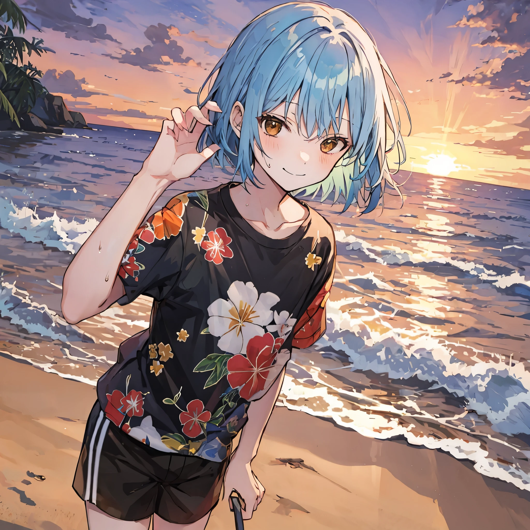 1girl, solo, looking at viewer, dynimic posing, full lengh portrait, standing BREAK detailed eyes, seductive smile, closed mouth, stitched face, pale skin, flat chest, bobcut, light blue hair, brown eyes BREAK black t-shirt, floral print, print shirt, hawaiian shirt BREAK black sweat shorts BREAK night sky, sunset, outdoors, beach, masterpiece, best quality, Newest