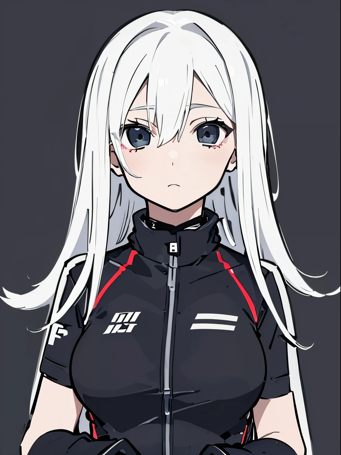 ((Racing suit)),((White hair)),(Tights),,A person,Alone,Upper Body,Half-length photo,Simple style,Simple details,Black background,Black background wall,Sagging hair