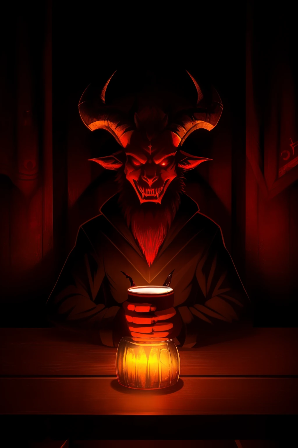 (Satanic goat, solo, ((sitting)), holding a mug, 666 beer, ((drinking)), dark, ((evil-looking)), horns, ((horned goat)), goat figure, (high resolution: 1.2), (detailed: 1.0), (shaded: 0.9), (evocative lighting: 1.1), (sinister atmosphere: 1.0), demons, (hellish: 1.0), (red eyes: 0.8), (beer bottle: 1.0), (detailed texture: 1.0), (satanic symbol: 1.1), (