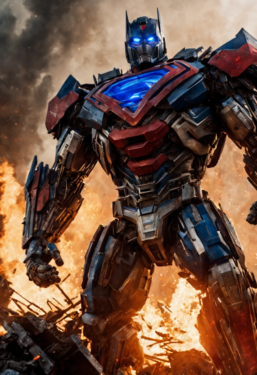a close up of a superman standing in front of a fire, transformers cinematic universe, wojtek fus, hq 4k wallpaper, transformers : the last knight, in the movie transformers, thertrevkaiser, dwayne johnson as superman, artstation masterpiece, super robot, goku fused with optimus prime, japanese dc live-action movie, hd wallpaper, inspired by Zack Snyder