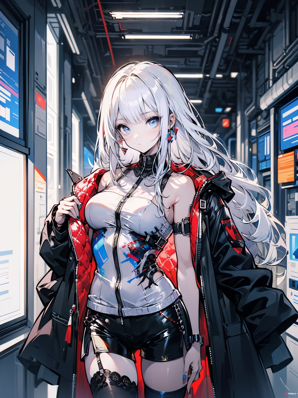 (best quality:1.3), (masterpiece:1.3), (illustration:1.3), (ultra-detailed:1.3), 1woman, 30years old, solo, medium breasts, blue eyes, (((white hair))), tall, long hair, tied hair, indoors, black shorts, thigh-highs, cyberpunk, futuristic design coat, fitted clothes under coat, reasonably intelligent,