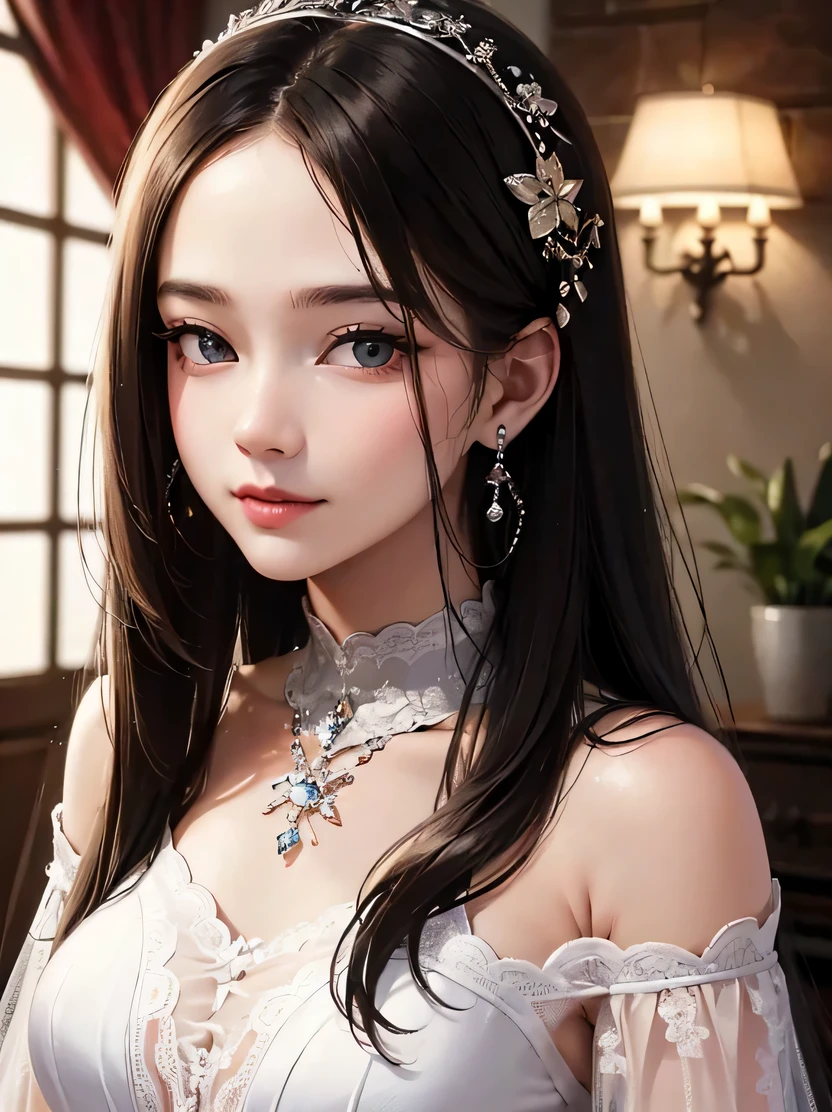 ((masterpiece、highest quality、genuine、Super detailed、High resolution、photogenuineistic、sharp focus、genuineistic photo、Live shooting、cinematic lighting))、1 beautiful woman、4/5 shots、straight hairstyle、black hair、glowing skin、light smile、close your mouth、Off-shoulder see-through white long dress、earrings、Highly detailed face and skin texture、focus on face、fine eyes、detailed hand drawing、looking at the viewer、luxury room in the house