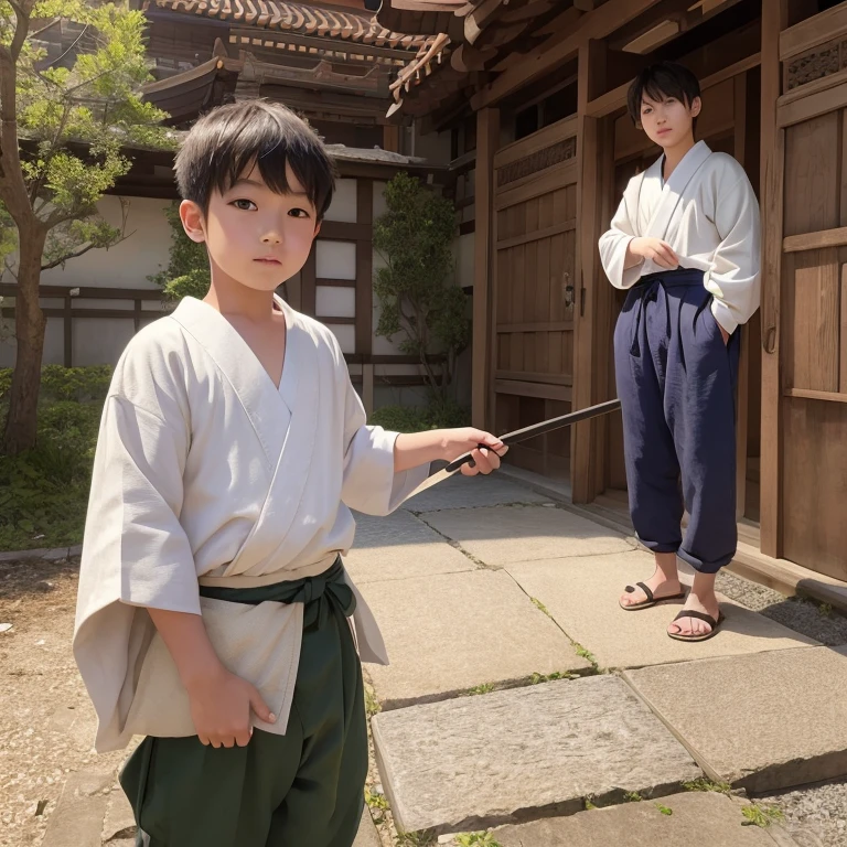  High resolution, Super detailed, masterpiece, highest quality,oriental、boy、Wearing traditional Japanese costumes、alone、boy doing farm work、