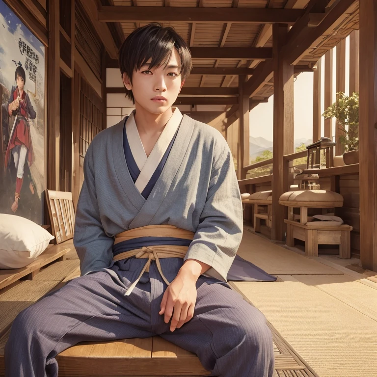 High resolution, Super detailed, masterpiece, highest quality,oriental、boy、ancient japanese peasant clothes、alone、game poster、pants、farmer、