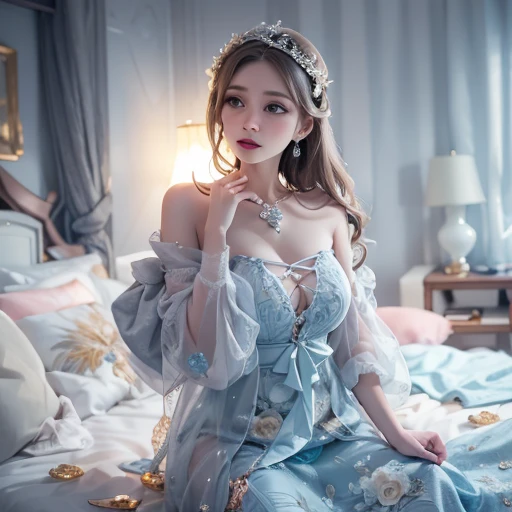 เอลซ่า โฟรเซ่น, ดิสนีย์,อายุ18 ผมสีขาว,สวย, เซ็กซี่, dress blue, bigboob, background white bed room, random pose,random acting,bokeh, flares, natural lighting, 