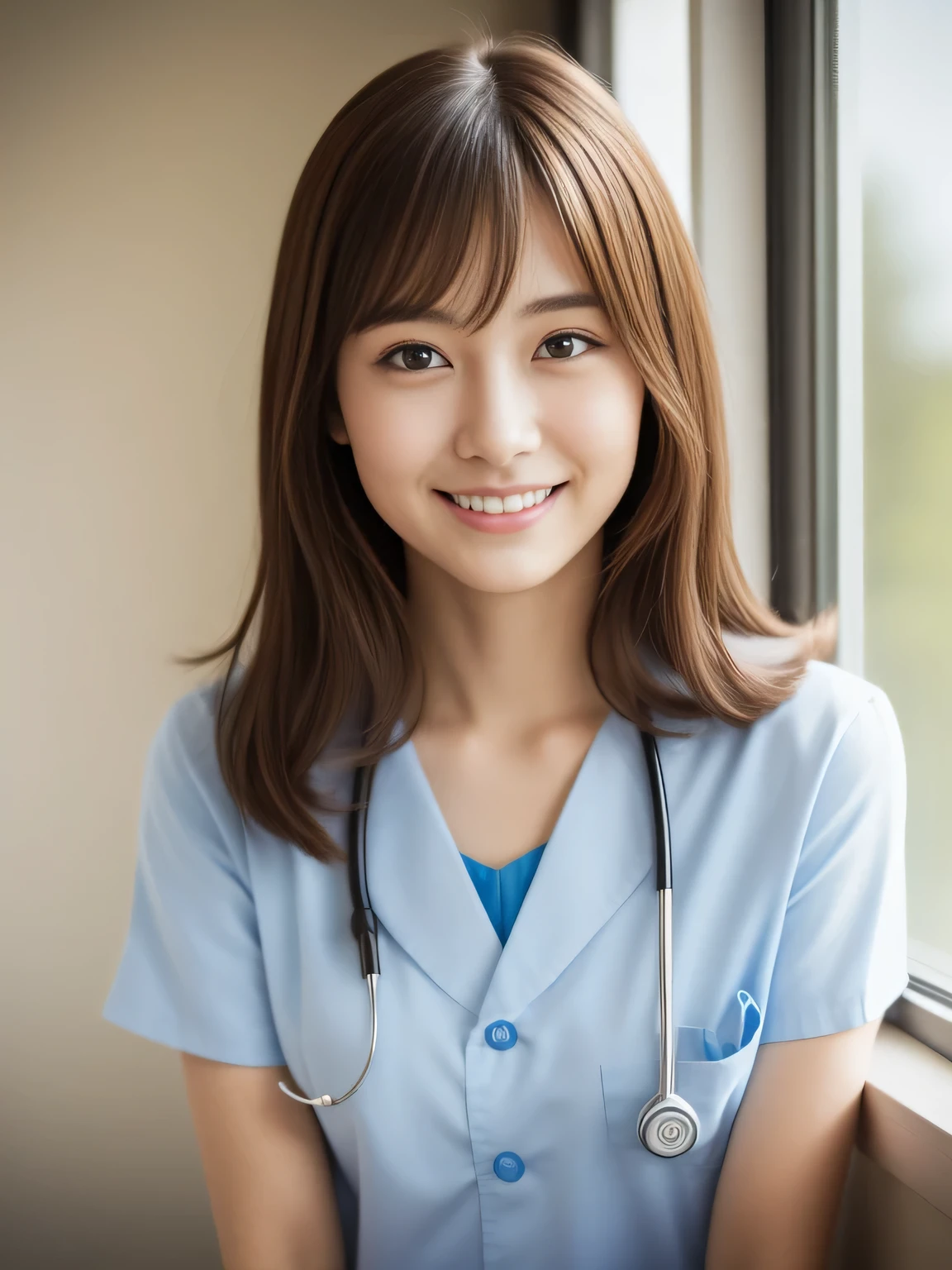 ((no makeup、close your mouth:1.2))、(realistic、Photoreal、Super detailed、best detailed skins、highest quality、masterpiece、ultra high resolution)、cute japanese woman、20-year-old、young girl、1 girl、have bangs、double eyelid、drooling eyes、Japanese style face、purity、double teeth、realistic肌タイプ、fluffy hair、nurse、healthy、smile、Perfect slender figure、beauty of japan、beautiful eyes、beautiful skin、hospital room、On the windowsill、cowboy shot
