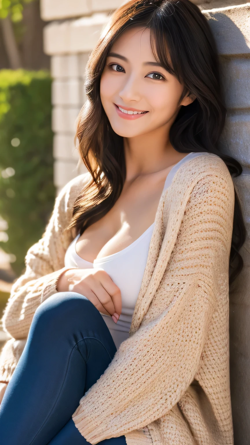 (half body shot:1.4), hyper realism, (Photoreal:1.4), 8K, maximum resolution, (masterpiece), very detailed, highest quality, sophisticated facial features, The most beautiful woman in Japan, Detailed beautiful eyes and lips, Canon R5 50mm, Nogizaka, (japanese idol:1.3), smile, big breasts, Comfortable oversized cardigan and leggings, comfortable, Relaxed,