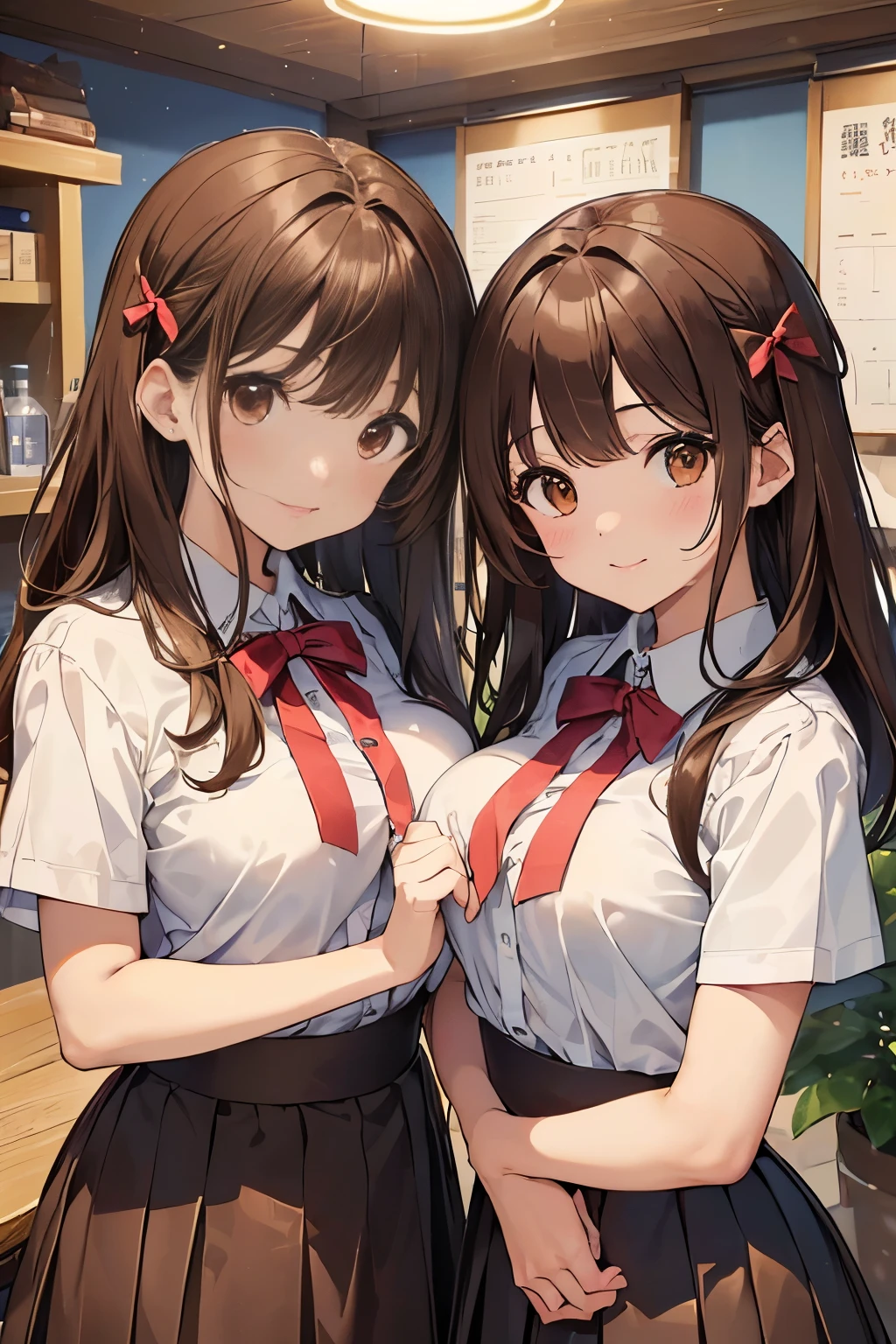 (highest qualityのイラスト:1.2), (2人のcute女の子:1.1), (2 girls、、two girls dressed the same、Twin girls、cHelloldish、one pose、cute、neat image、big breasts:1.5、bust 90、highly detailed eyes:1.2)、(,big breasts:1.1)、((brown eyes、brown hair:1.5))、(long hair)、wavy hair、bangs、 (brown gh-school uniform、summer clotHellong、short sleeve、(wHellote sHellort)、light blue ribbon、Check Pleated Skirt)、See-through、The bra is a little sheer、,Upper body、big smile、open your mouth、Hello、brown hair、break(highest quality、Super detailed、Helloghly detailed and beautiful、超A Hellogh resolution、arm details:1.2)、close、Breast augmentation, wink