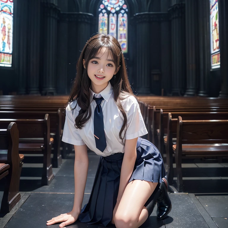 ((whole body esbion))、((side shot))、((、small and flat chest))、  ((white short sleeve blouse、ultra mini pleated skirt、dark blue)), ((red tie))、 ((black boots))、((Kneeling prayer pose in church、hold hands))、((１direct))、((The background is the interior of a deserted Gothic church..))、((high nose))、((delicate body))、((vertical upper body))、((clean、masterpiece、professional artwork、famous works))、((perfect girl body))、((beautiful girl)),((cute face))、 very bright skin ,medium long hair, wavy hair , brown hair,Japanese、 realistic, direct照明, volume light, Super detailed, highest quality, ultra high resolution, nffsw, 8Kのmasterpiece, highest quality, ((8-year-old、teenage girl)),((Big eyes))、、RAW photo, absurd, ((smileの目で、smile)), ((open your mouth)),