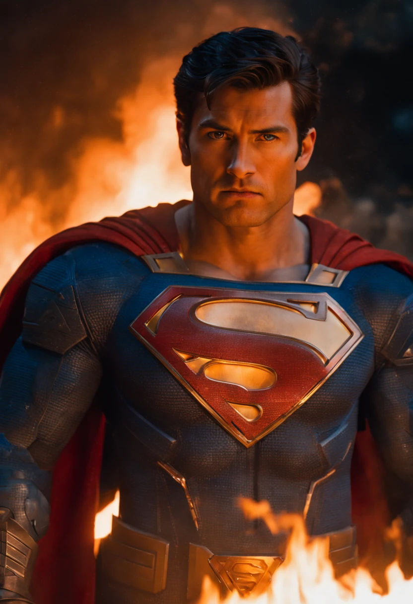 a close up of a superman standing in front of a fire, transformers cinematic universe, wojtek fus, hq 4k wallpaper, transformers : the last knight, in the movie transformers, thertrevkaiser, dwayne johnson as superman, artstation masterpiece, super robot, goku fused with optimus prime, japanese dc live-action movie, hd wallpaper, inspired by Zack Snyder