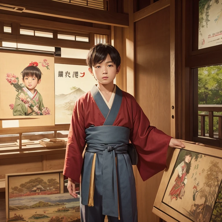 High resolution, Super detailed, masterpiece, highest quality,oriental、boy、ancient japanese peasant clothes、alone、boy doing farm work、pants、game poster、