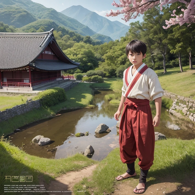 High resolution, Super detailed, masterpiece, highest quality,oriental、boy、ancient japanese peasant clothes、alone、game poster、pants、fields、farmer、