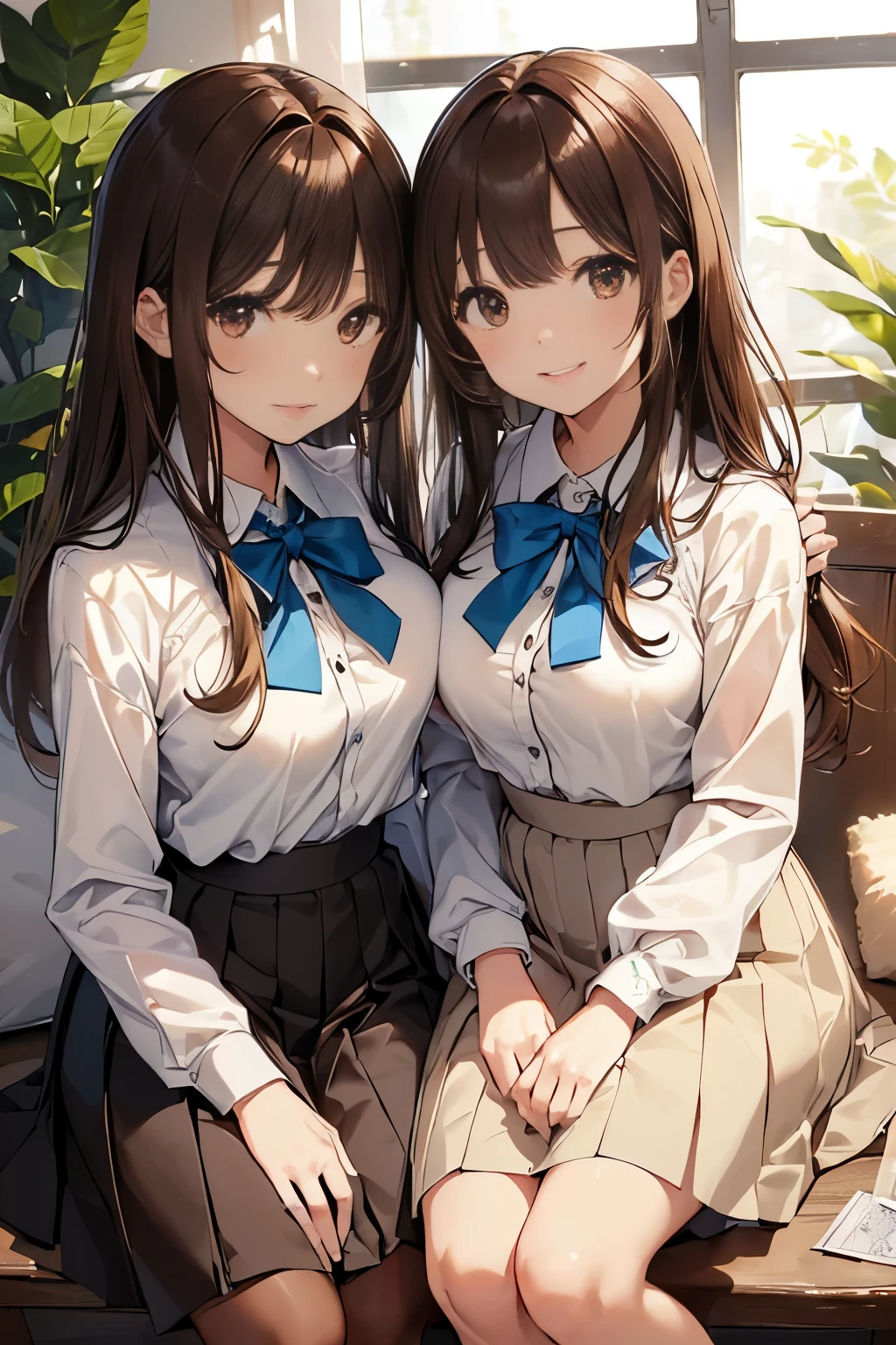 (highest qualityのイラスト:1.2), (2人のcute女の子:1.1), (2 girls、、two girls dressed the same、Twin girls、cHelloldish、one pose、detailed eyes、cute、neat image、big breasts:1.5、bust 90、非常にdetailed eyes:1.2)、(,big breasts:1.1)、((brown eyes、brown hair:1.5))、(long hair)、wavy hair、bangs、 (brown gh-school uniform、summer clotHellong、(wHellote sHellort)、light blue ribbon、Check Pleated Skirt)、big smile、evil smile、open your mouth、Hello、grinning、brown hair、break(highest quality、Super detailed、Helloghly detailed and beautiful、超A Hellogh resolution、arm details:1.2)、close、Breast augmentation, wink