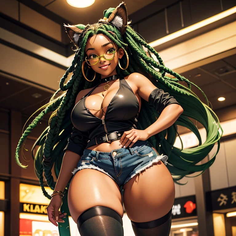 Dark Brown skin tanuki girl, tanuki ears and tail, dark brown skin, brown skin, african american, darker skin, negro, hazel eyes, green long dreadlocks, green space buns, green dreadlocks, dreadlocks are green, green hair, 25 years old, she is chubby, curvy, fat, thick,, plus sized, big butt, big breast, standing in mall, gold circle glasses , facing camera, explicit, ripped jean shorts, flannel dress, thigh high socks, collar on neck , grinning, cleavage showing, holding cigar, vfx, high def, best quality, low angle, atmospheric lighting, girly boy, wearing combat boots, two legs, close up, cat ears and tail