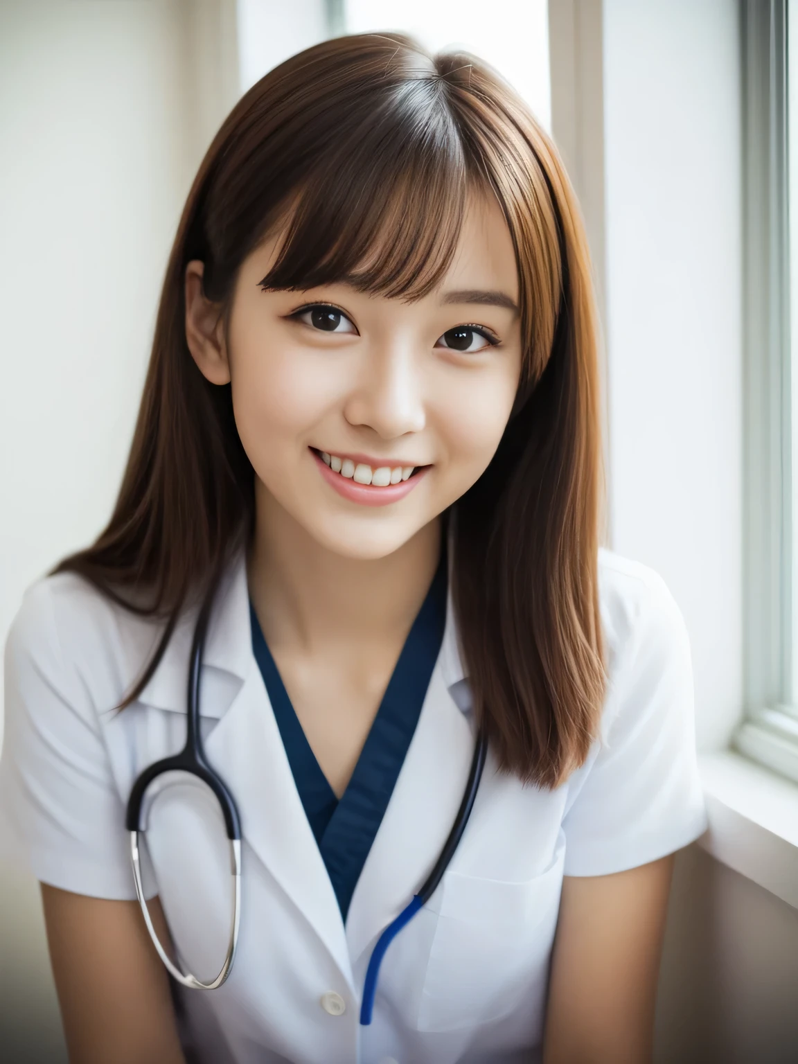 ((no makeup、close your mouth:1.2))、(realistic、Photoreal、Super detailed、best detailed skins、highest quality、masterpiece、ultra high resolution)、cute japanese woman、20-year-old、young girl、1 girl、have bangs、double eyelid、drooling eyes、Japanese style face、purity、double teeth、realistic肌タイプ、fluffy hair、nurse、healthy、smile、Perfect slender figure、beauty of japan、beautiful eyes、beautiful skin、hospital room、On the windowsill、cowboy shot、Stethoscope