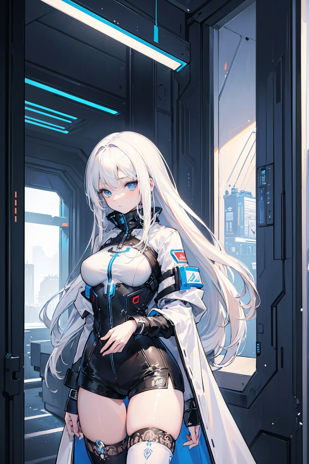 (best quality:1.3), (masterpiece:1.3), (illustration:1.3), (ultra-detailed:1.3), 1woman, 25years old, solo, medium breasts, blue eyes, (((white hair))), tall, long hair, tied hair, indoors, black shorts, thigh-highs, cyberpunk, futuristic design coat, fitted clothes under coat, reasonably intelligent,