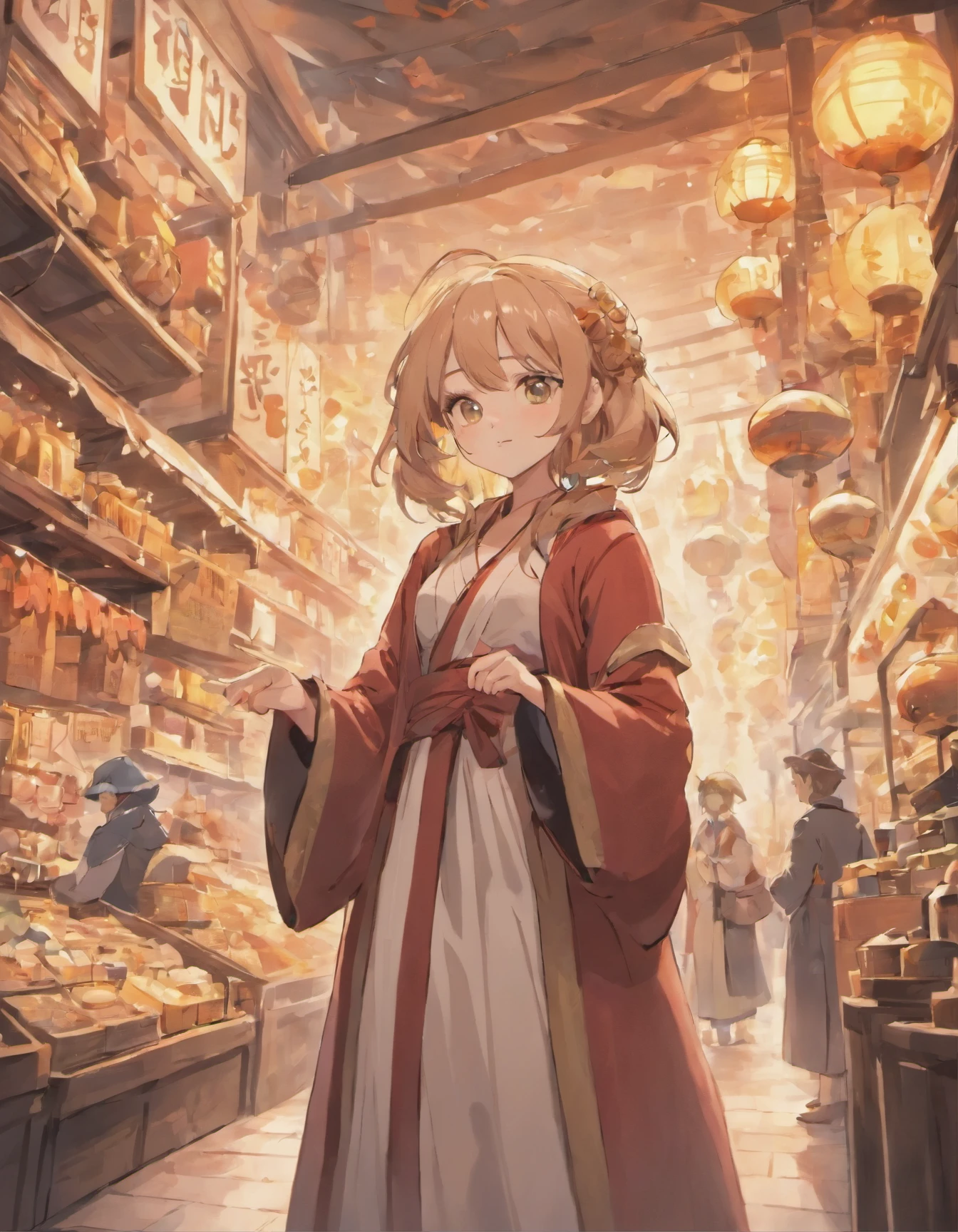 Cute female merchant selling magical items in a busy market,fantasic world,wearing robe,many goods display,masterpiece,soft line