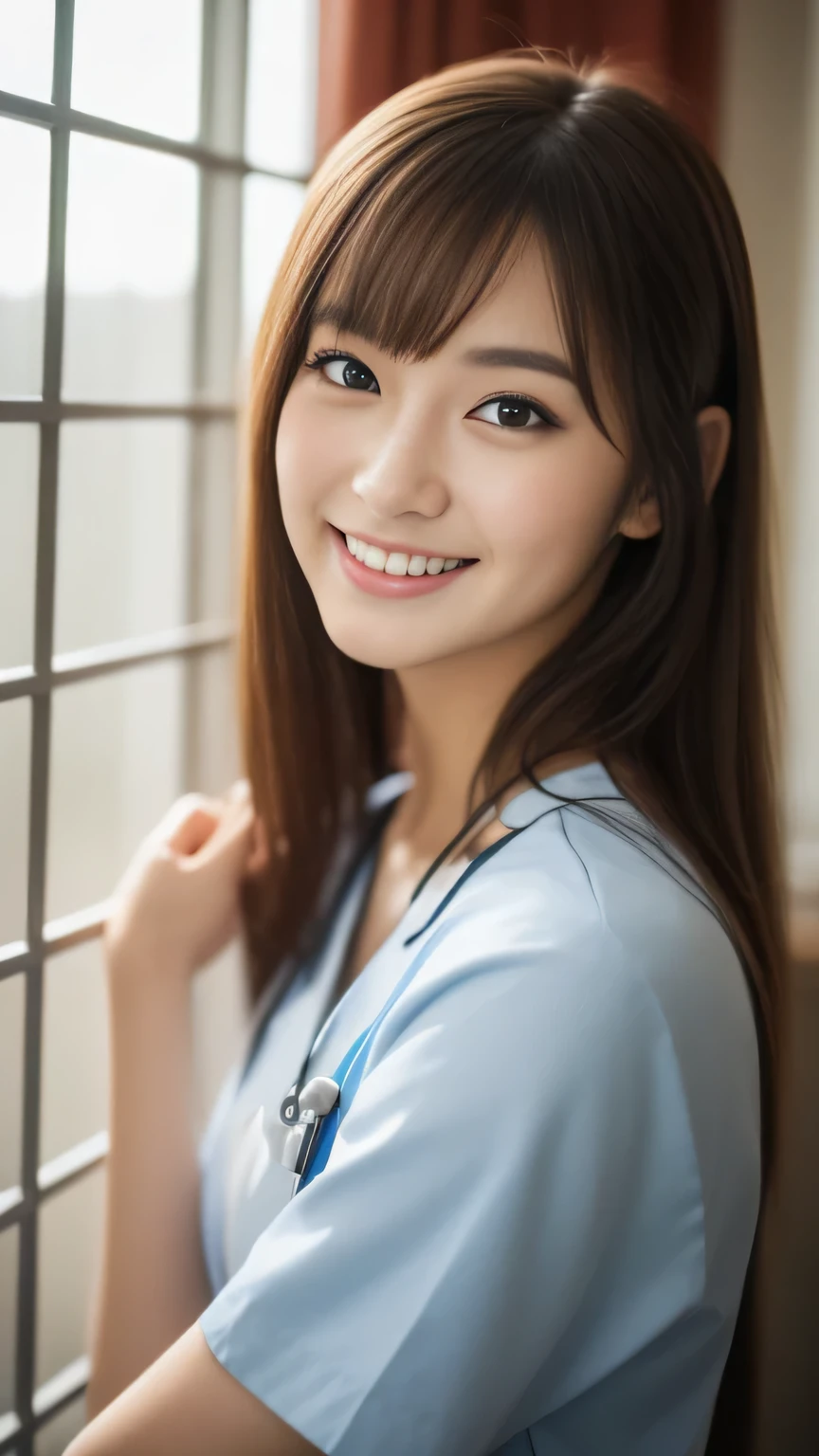 ((no makeup、close your mouth:1.2))、(realistic、Photoreal、Super detailed、best detailed skins、highest quality、masterpiece、ultra high resolution)、cute japanese woman、20-year-old、young girl、1 girl、have bangs、double eyelid、drooling eyes、Japanese style face、purity、double teeth、realistic肌タイプ、fluffy hair、nurse、healthy、smile、Perfect slender figure、beauty of japan、beautiful eyes、beautiful skin、hospital room、On the windowsill、cowboy shot、Stethoscope