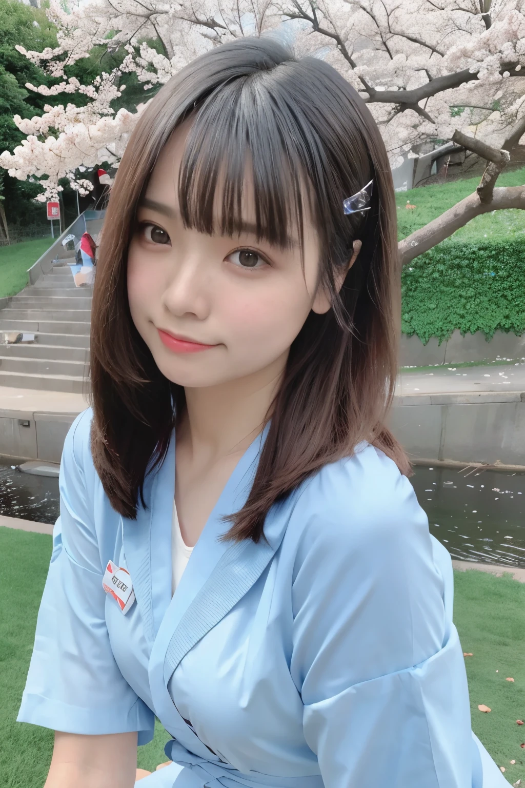 highest quality, ultra high resolution, (realistic:1.4),blush,cute,(detailed face),light smile,
looking at the viewer,
Upper body, kimono,
Sunny,river,(cherry blossoms),blue sky,