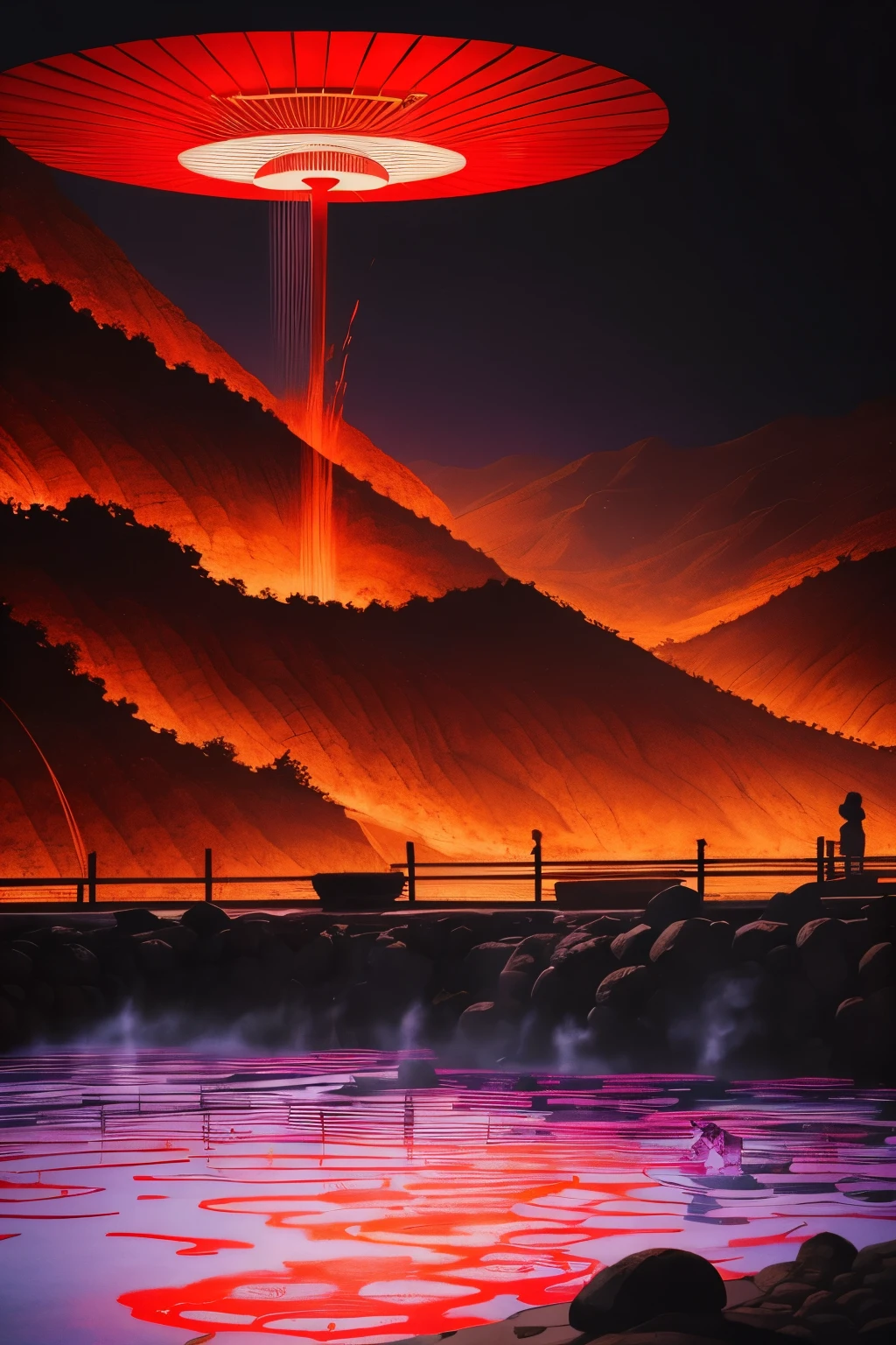 Japanese style drawing, ukiyo-e style, art, best quality, 32k, RAW photo, incredibly absurdres, extremely detailed, hell's resort, pool of blood-hot springs, magma-hot springs, red-purple light, dark fantasy, delicate, flashy and dynamic depiction