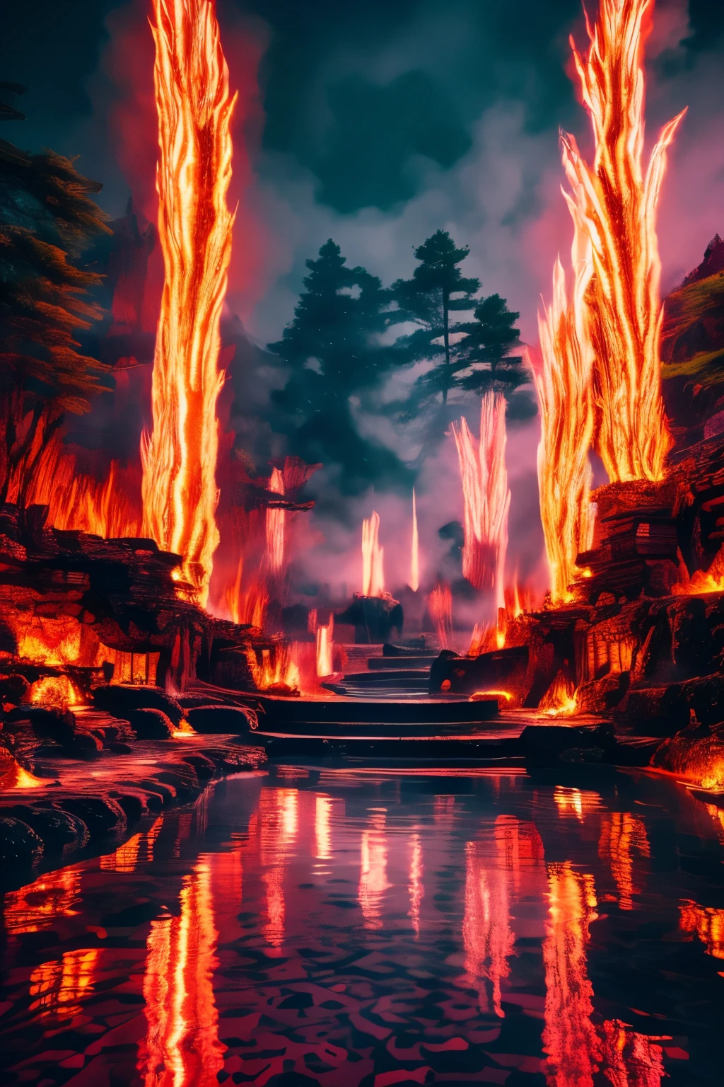 best quality, 32k, RAW photo, incredibly absurdres, extremely detailed, hell's resort, pool of blood-hot springs, magma-hot springs, red-purple light, dark fantasy, delicate, flashy and dynamic depiction