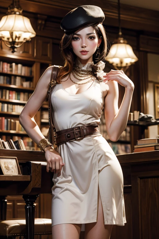 masterpiece,stunning girlfriend, (standing:1.1), dynamic pose, heart shaped face, elegant face, beautiful face, highly detailed face, highly detailed skin, skin pores, subsurface scattering, realistic pupils, loving smile, looking at viewer, full face blush, full lips, detailed background, depth of field, atmospheric perspective, volumetric lighting, sharp focus, absurdres, realistic proportions, good anatomy, (realistic, hyperrealistic:1.4), 16k hdr, (masterpiece, best quality:1.2), cowboy shot, solo, 1girl, coco adel, looking at viewer, hand on hip, beret, white dress, jewelry, belt, bandolier, sunglasses, standing on busy street corner, bookshop, crowd, ((sfw))