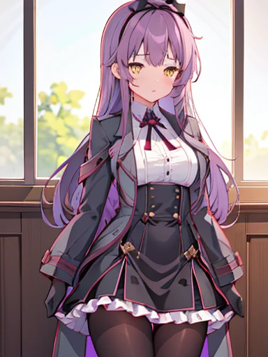 nsfw,Bedroom、standing position、whole body、((((skirt lift))), (((skirt lift by myself))),((( clothes lift))))、lift up the skirt、flip the skirt、turn to the side、Turn your face away、涙eye、blush、(1 girl), (beautiful detailed girl), Len Bright, yellow_eye, purple hair, long hair, Broke up_前hair, hair_ribbon, black coat, white shirt, pantyhose, black knee boots, short black skirt, frills, black_gloves, ,, smug