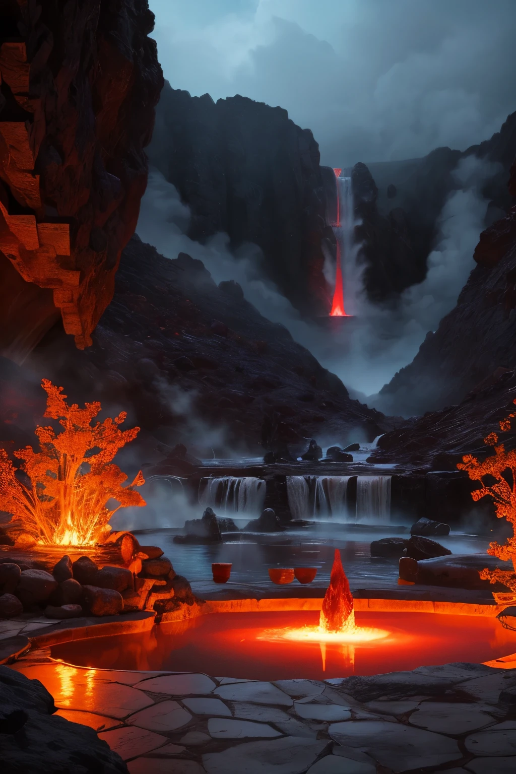 best quality, 32k, RAW photo, incredibly absurdres, extremely detailed, hell's resort, pool of blood-hot springs, magma-hot springs, red-purple light, dark fantasy, delicate, flashy and dynamic depiction