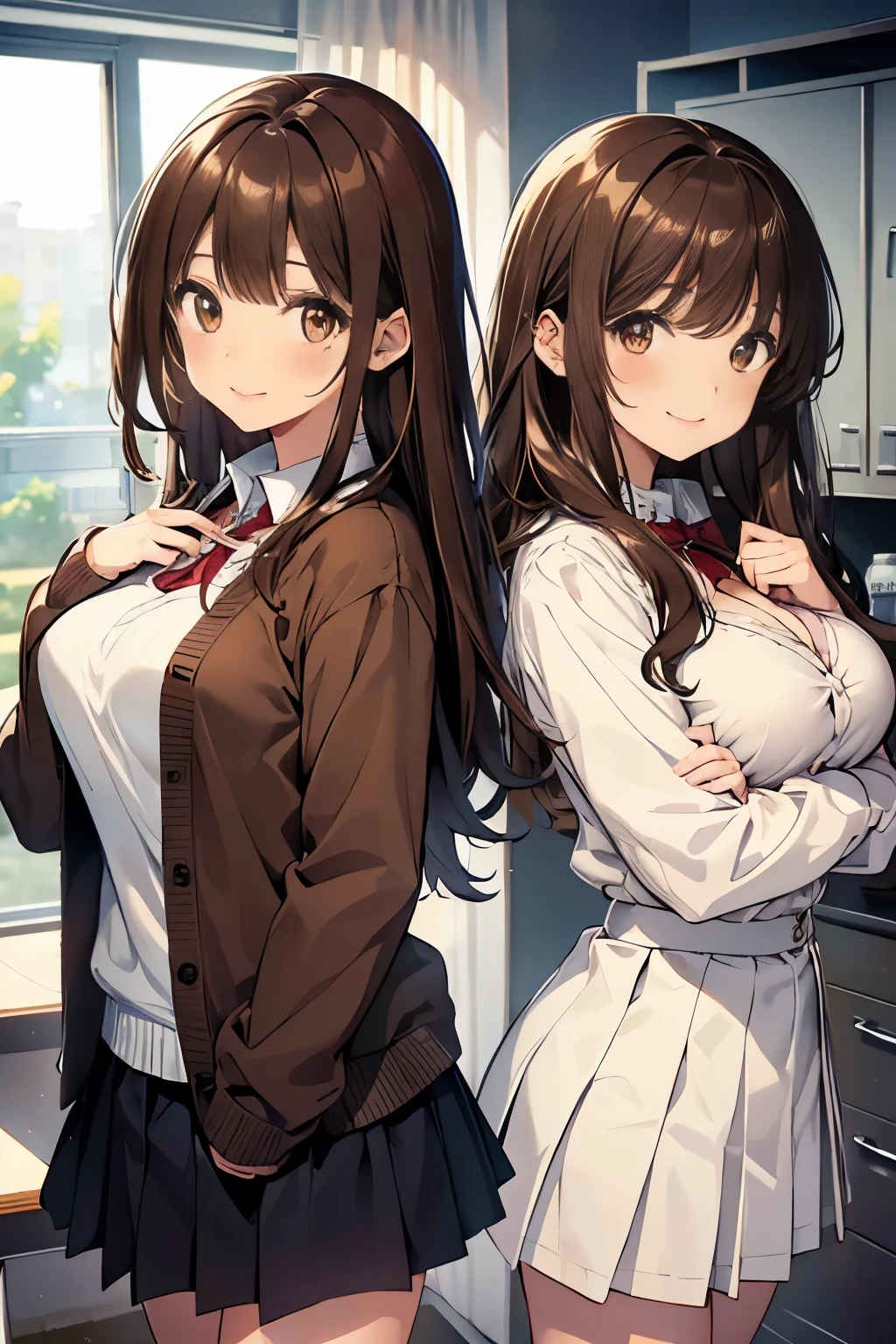 (highest qualityのイラスト:1.2), (2人のcute女の子:1.1), (2 girls、10 years old、two girls dressed the same、Twin girls、cHelloldish、one pose、detailed eyes、cute、neat image、big breasts:1.5、bust 90、非常にdetailed eyes:1.2)、(,big breasts:1.1)、((brown eyes、brown hair:1.5))、(long hair)、wavy hair、bangs、brown gh-school uniform、(cardigan、Check Pleated Skirt)、big smile、evil smile、open your mouth、Hello、grinning、brown hair、break(highest quality、Super detailed、Helloghly detailed and beautiful、arm details:1.2)、close、Breast augmentation, wink