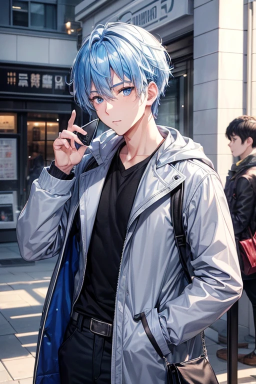 a handsome guy、20代の男性、Winter clothes、Blue-haired shorthair、blue eyes、long sleeve、station shop、buy a newspaper、High resolution、In 8K、sharp focus、zoom、with the best image quality、highest quality