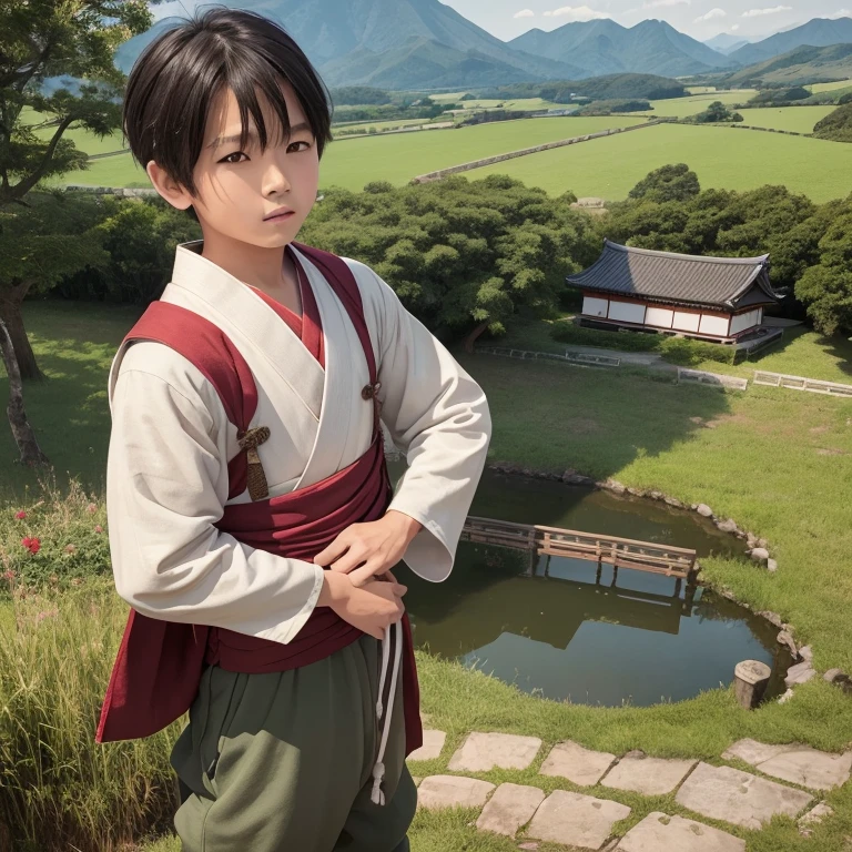 High resolution, Super detailed, masterpiece, highest quality,oriental、boy、ancient japanese peasant clothes、alone、game poster、pants、fields、farmer、ハンサムなboy、