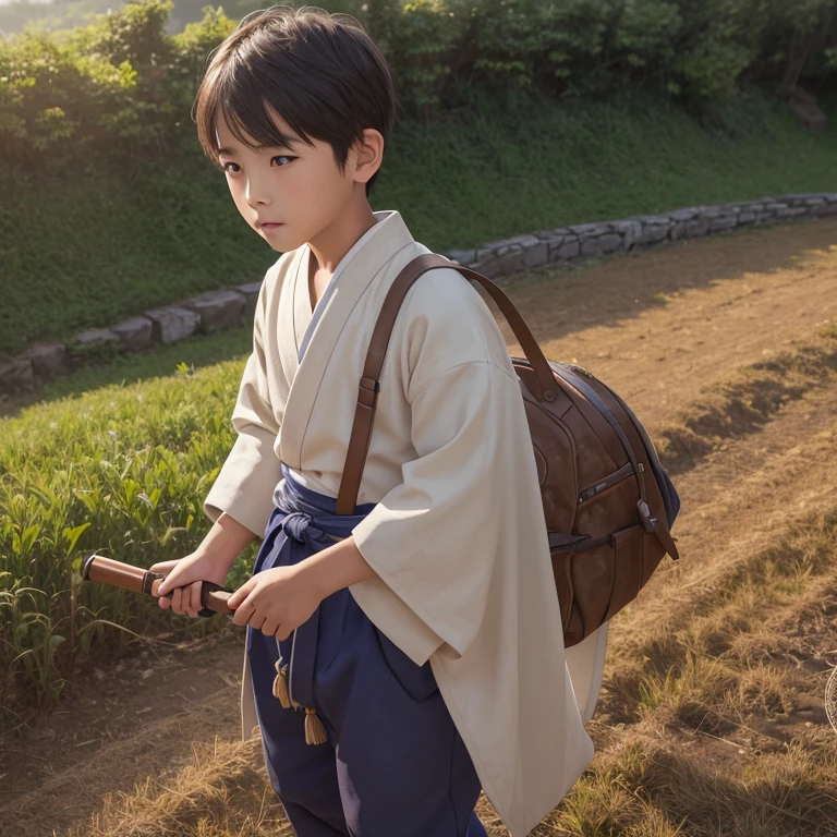  High resolution, Super detailed, masterpiece, highest quality,oriental、boy、ancient japanese peasant clothes、alone、game poster、pants、fields、farmer、ハンサムなboy、