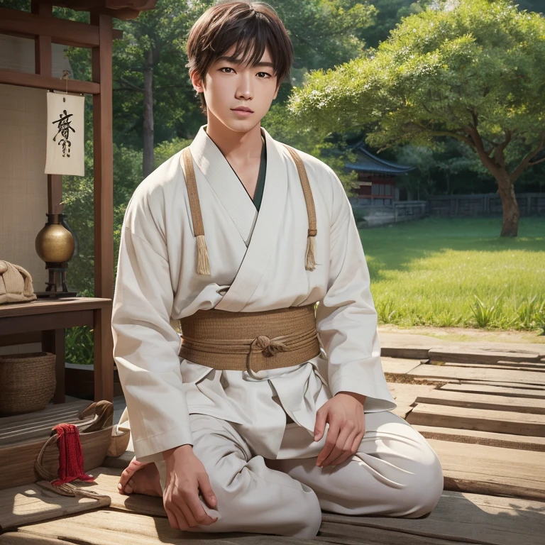  High resolution, Super detailed, masterpiece, highest quality,oriental、boy、ancient japanese peasant clothes、alone、game poster、pants、fields、farmer、ハンサムなboy、