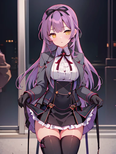 nsfw,Bedroom、standing position、whole body、((((skirt lift))), (((skirt lift by myself))),((( clothes lift))))、lift up the skirt、flip the skirt、turn to the side、Turn your face away、涙eye、blush、(1 girl), (beautiful detailed girl), Len Bright, yellow_eye, purple hair, long hair, Broke up_前hair, hair_ribbon, black coat, white shirt, pantyhose, black knee boots, short black skirt, frills, black_gloves, ,, smug