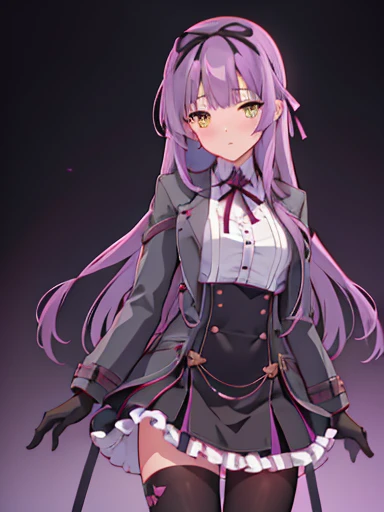 nsfw,Bedroom、standing position、whole body、((((skirt lift))), (((skirt lift by myself))),((( clothes lift))))、lift up the skirt、flip the skirt、turn to the side、Turn your face away、涙eye、blush、(1 girl), (beautiful detailed girl), Len Bright, yellow_eye, purple hair, long hair, Broke up_前hair, hair_ribbon, black coat, white shirt, pantyhose, black knee boots, short black skirt, frills, black_gloves, ,, smug