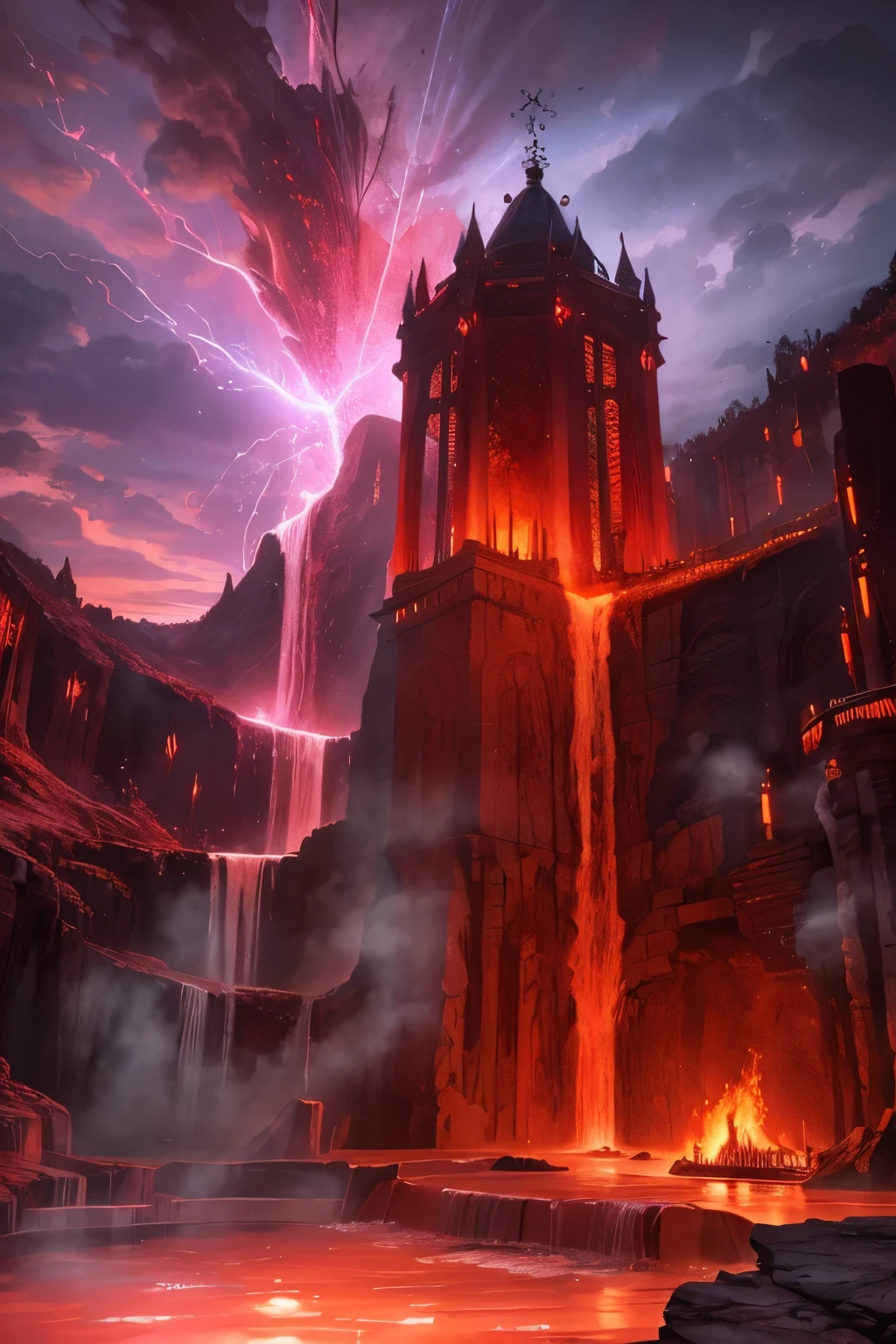 best quality, 32k, RAW photo, incredibly absurdres, extremely detailed, hell's resort, pool of blood-hot springs, magma-hot springs, red-purple light, dark fantasy, delicate, flashy and dynamic depiction